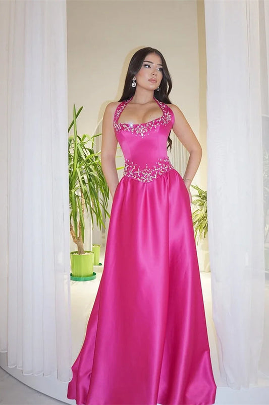 Elegant Fuchsia Halter Sleeveless Satin Prom Dress