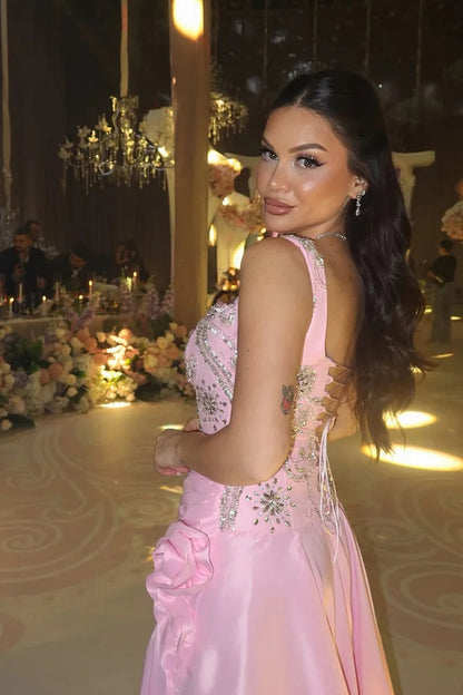 Dazzling Pink Sweetheart Straps Sleeveless Satin Prom Dress