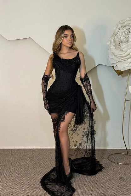 Classy Black Strapless Mini Lace Prom Dress