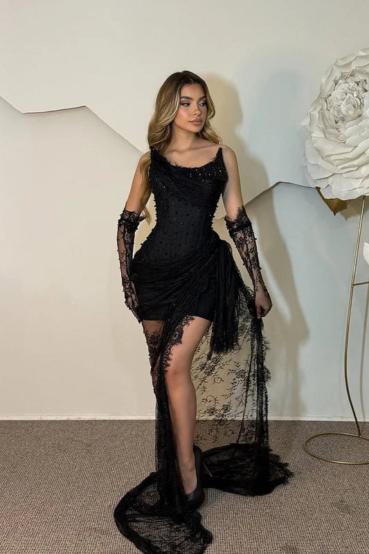 Classy Black Strapless Mini Lace Prom Dress