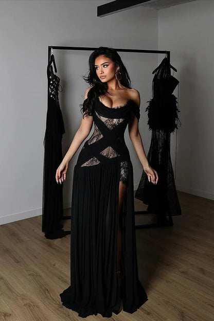 Charming Black Off-The-Shoulder Chiffon Lace Prom Dress