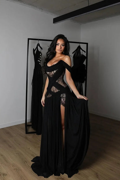 Charming Black Off-The-Shoulder Chiffon Lace Prom Dress