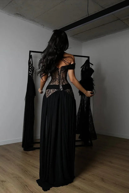 Charming Black Off-The-Shoulder Chiffon Lace Prom Dress