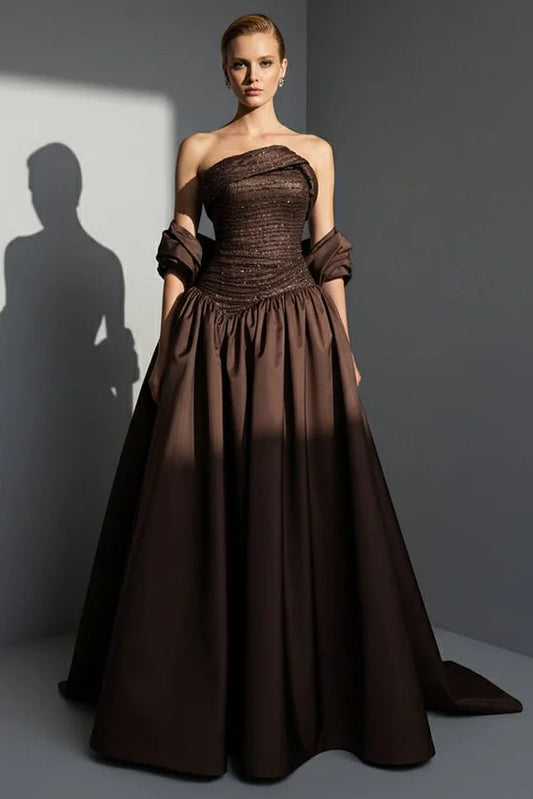 Luxury Brown Strapless Sleeveless Satin Prom Dress