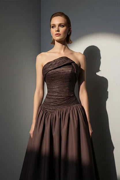 Luxury Brown Strapless Sleeveless Satin Prom Dress