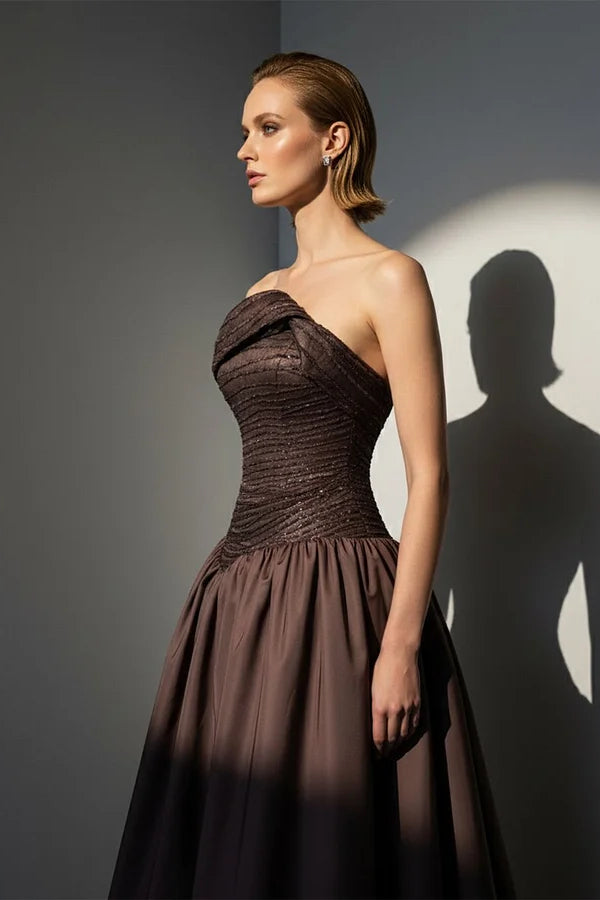 Luxury Brown Strapless Sleeveless Satin Prom Dress