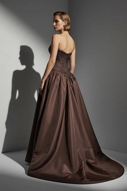Luxury Brown Strapless Sleeveless Satin Prom Dress