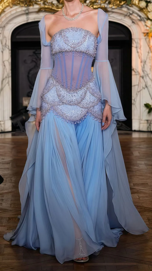Sexy A Line Off The Shoulder Maxi Long Party Light Blue Chiffon Prom Dress
