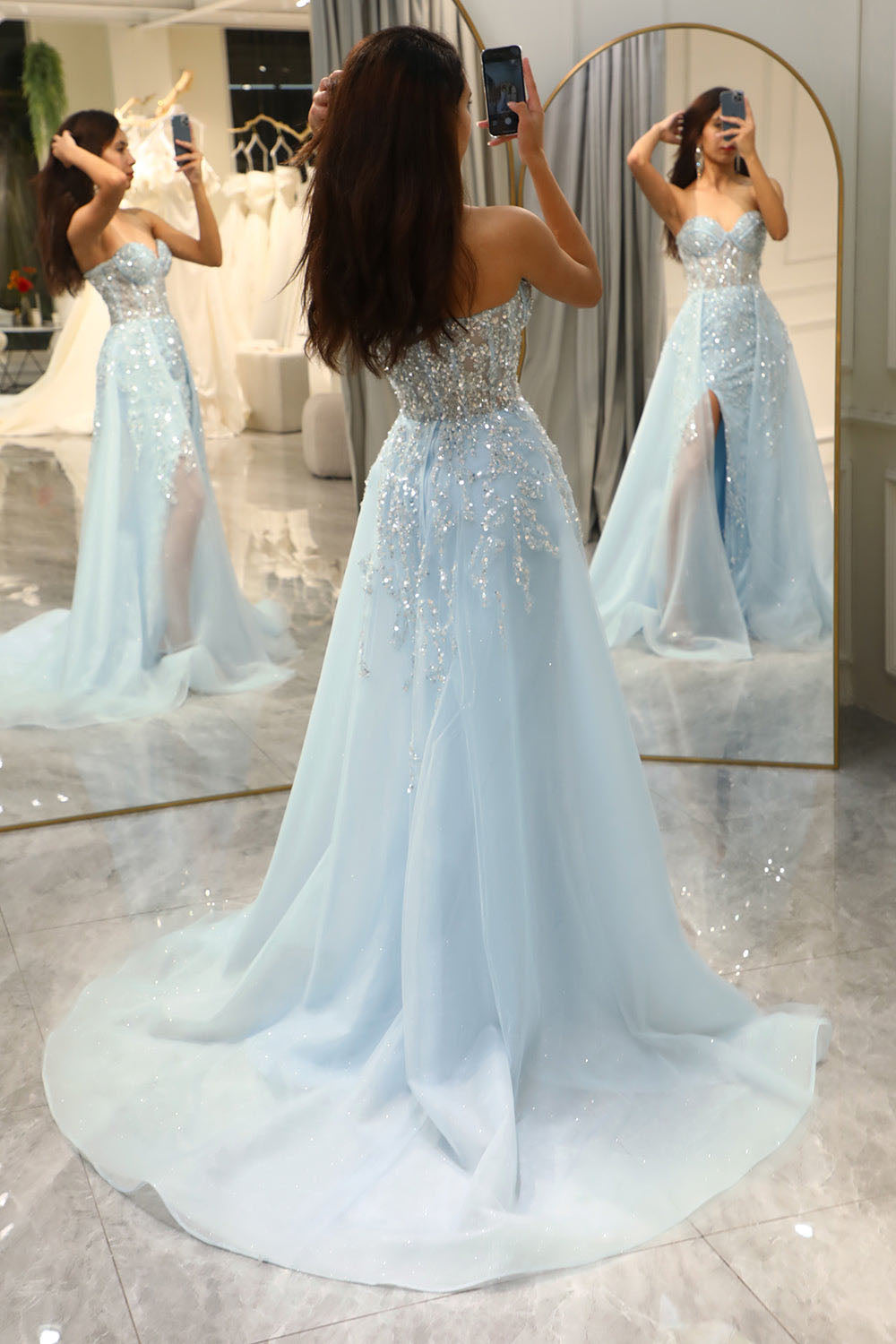 Light Blue Sequin Prom Dress Corset High Slit Sparkly Evening Gown