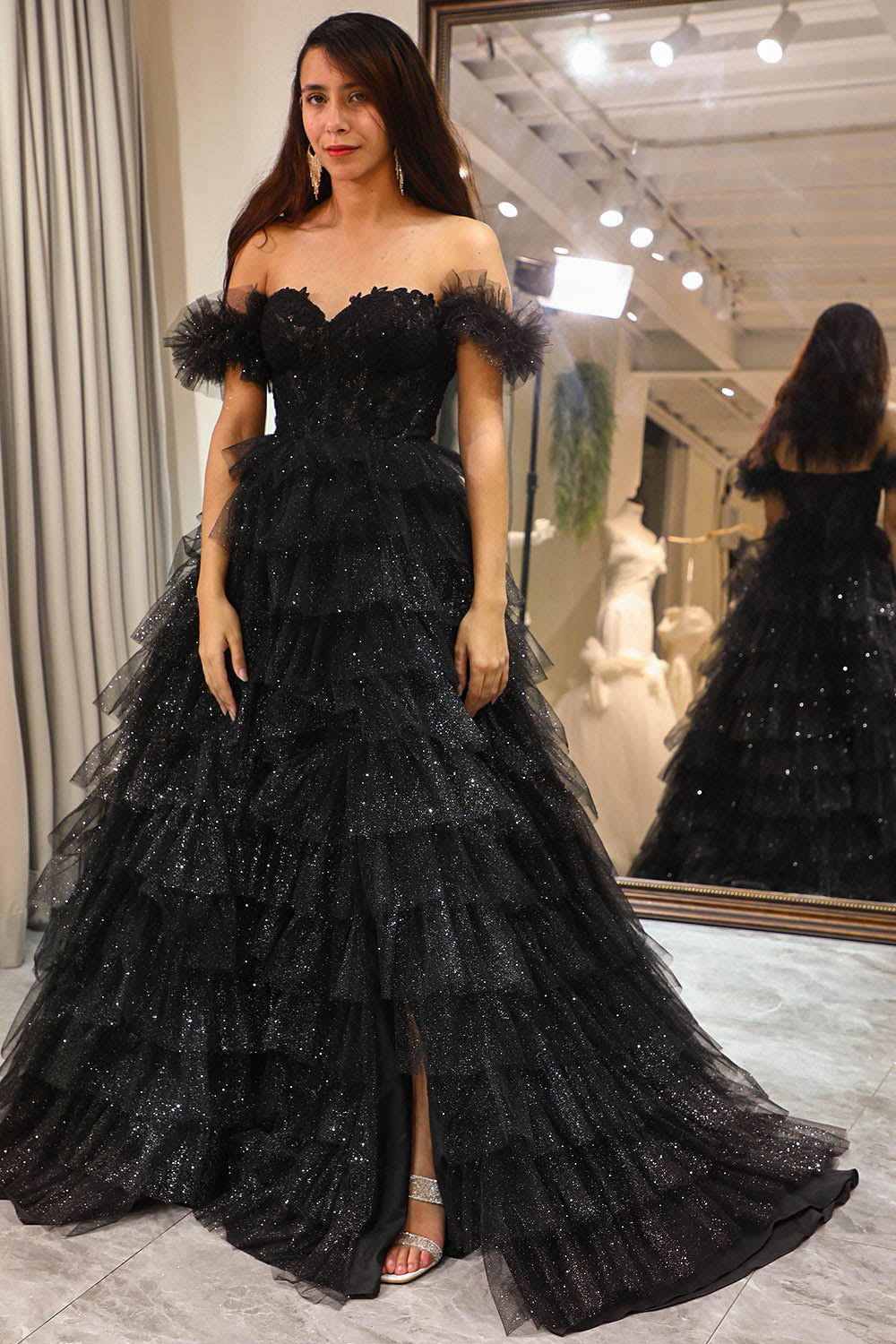 Off Shoulder Tulle Prom Dress High Slit Layered Sparkle Evening Dress
