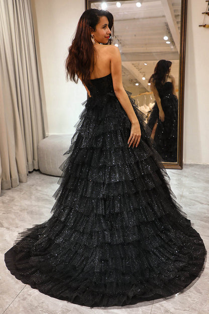 Off Shoulder Tulle Prom Dress High Slit Layered Sparkle Evening Dress