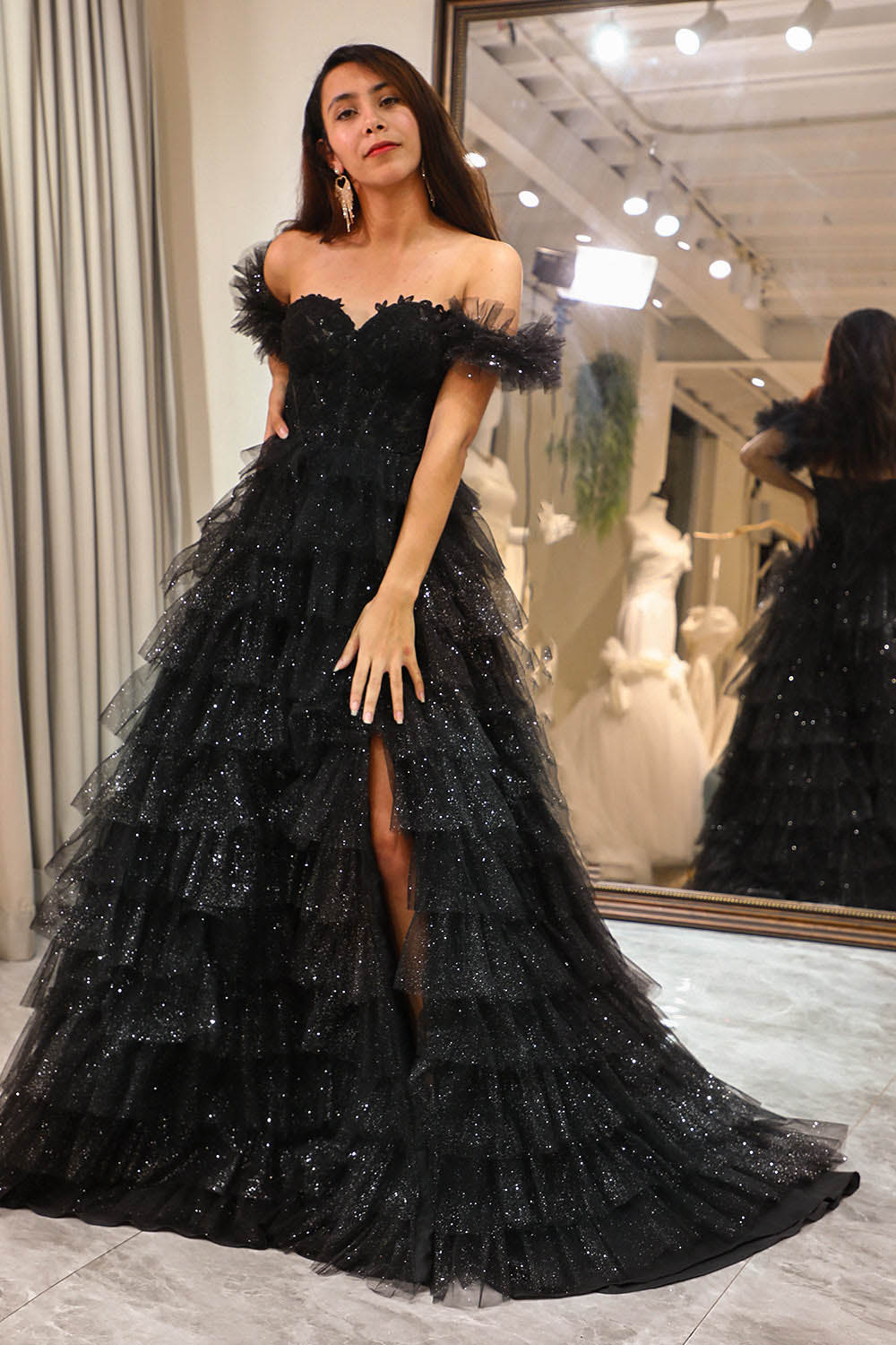 Off Shoulder Tulle Prom Dress High Slit Layered Sparkle Evening Dress