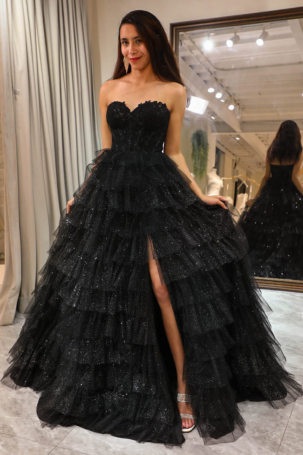 Off Shoulder Tulle Prom Dress High Slit Layered Sparkle Evening Dress