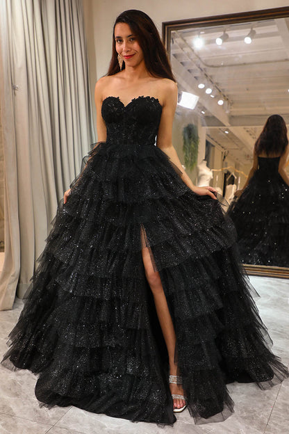 Off Shoulder Tulle Prom Dress High Slit Layered Sparkle Evening Dress