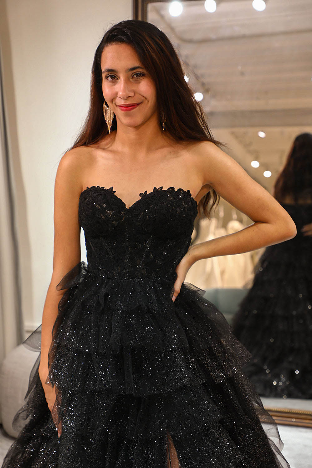 Off Shoulder Tulle Prom Dress High Slit Layered Sparkle Evening Dress