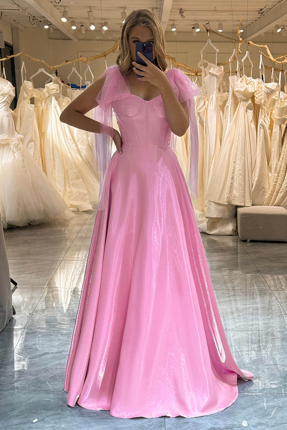 Pink A-Line Prom Dress Backless Shiny Satin Corset Evening Gown