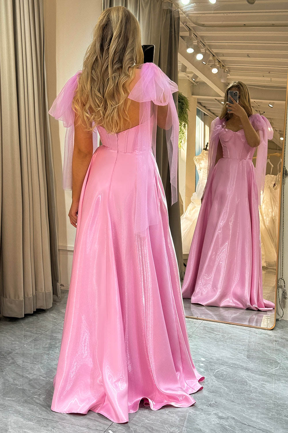 Pink A-Line Prom Dress Backless Shiny Satin Corset Evening Gown