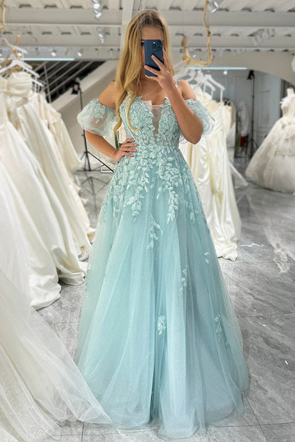 Mint Green A-Line Evening Dress Puff Sleeves Lace Appliqués Prom Dress
