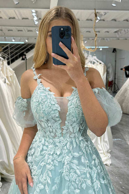 Mint Green A-Line Evening Dress Puff Sleeves Lace Appliqués Prom Dress