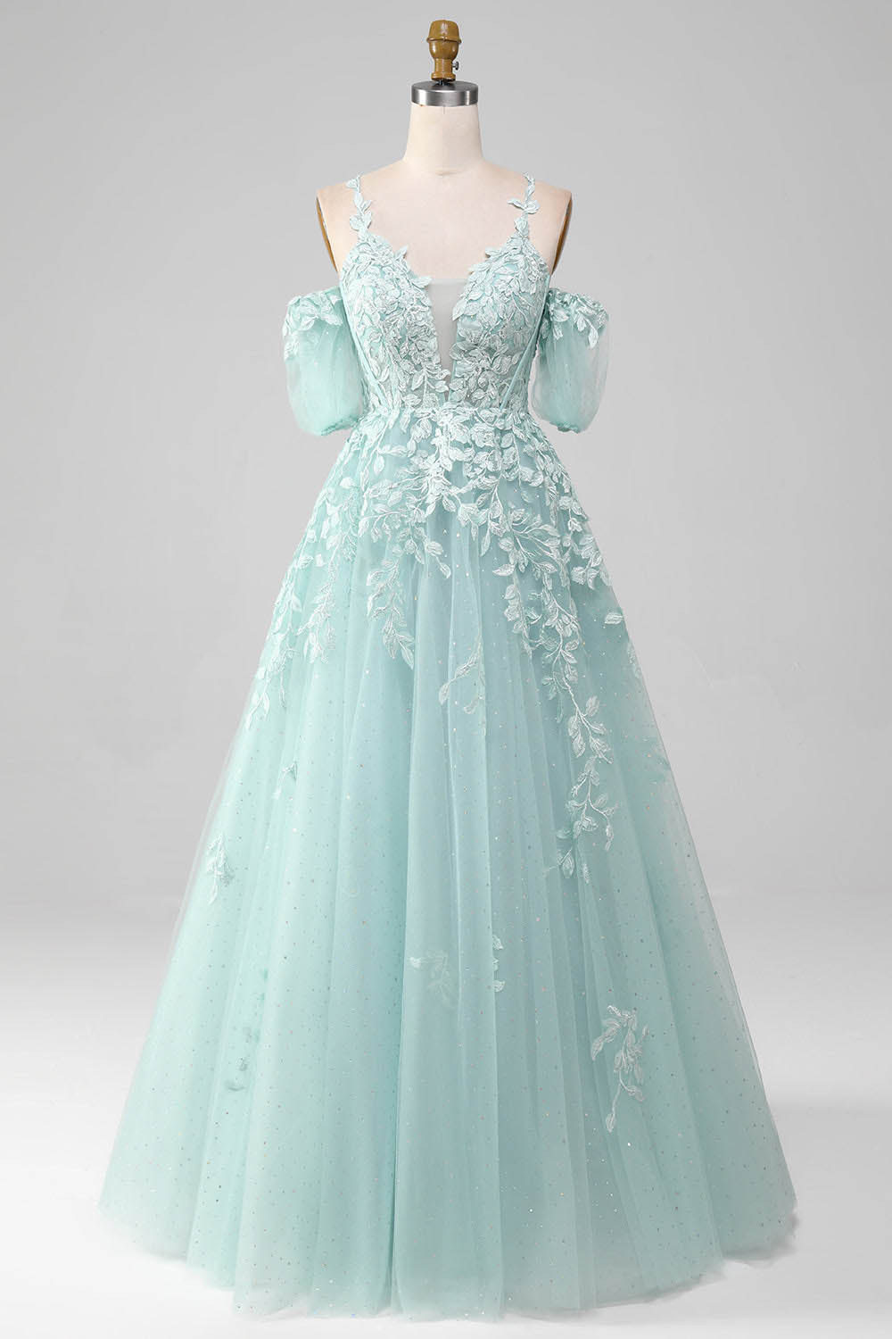 Mint Green A-Line Evening Dress Puff Sleeves Lace Appliqués Prom Dress
