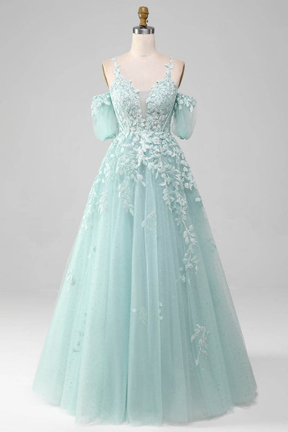 Mint Green A-Line Evening Dress Puff Sleeves Lace Appliqués Prom Dress
