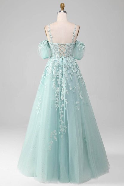 Mint Green A-Line Evening Dress Puff Sleeves Lace Appliqués Prom Dress