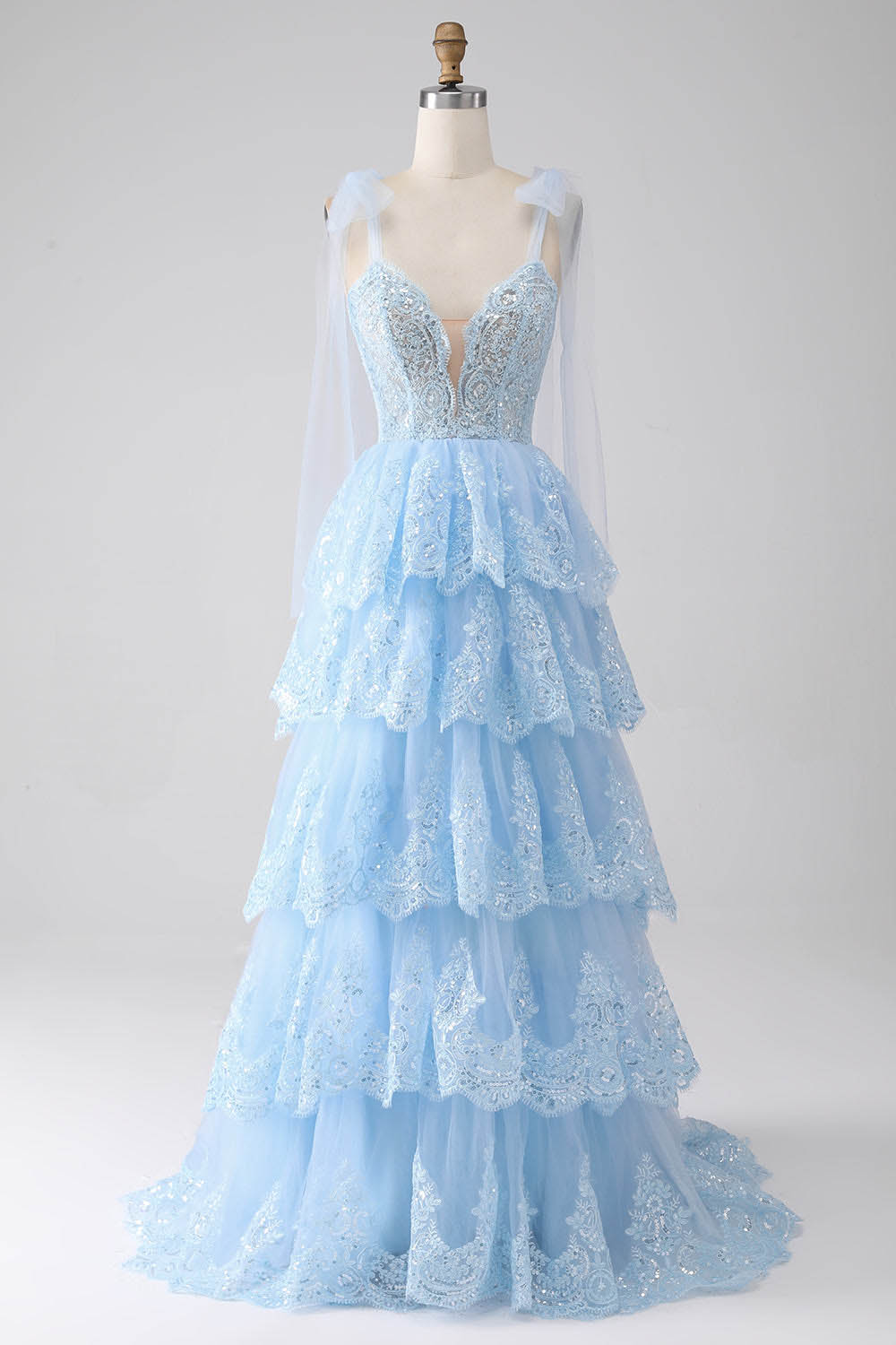 Sequins Lace Prom Dress V Neck Bow Straps Layered Tulle Party Dress