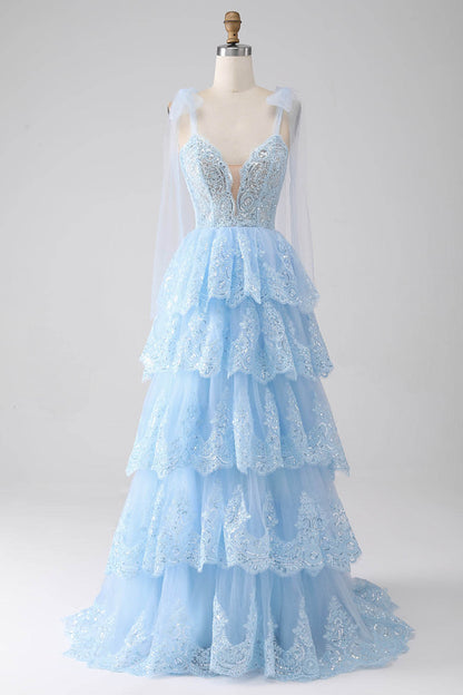 Sequins Lace Prom Dress V Neck Bow Straps Layered Tulle Party Dress