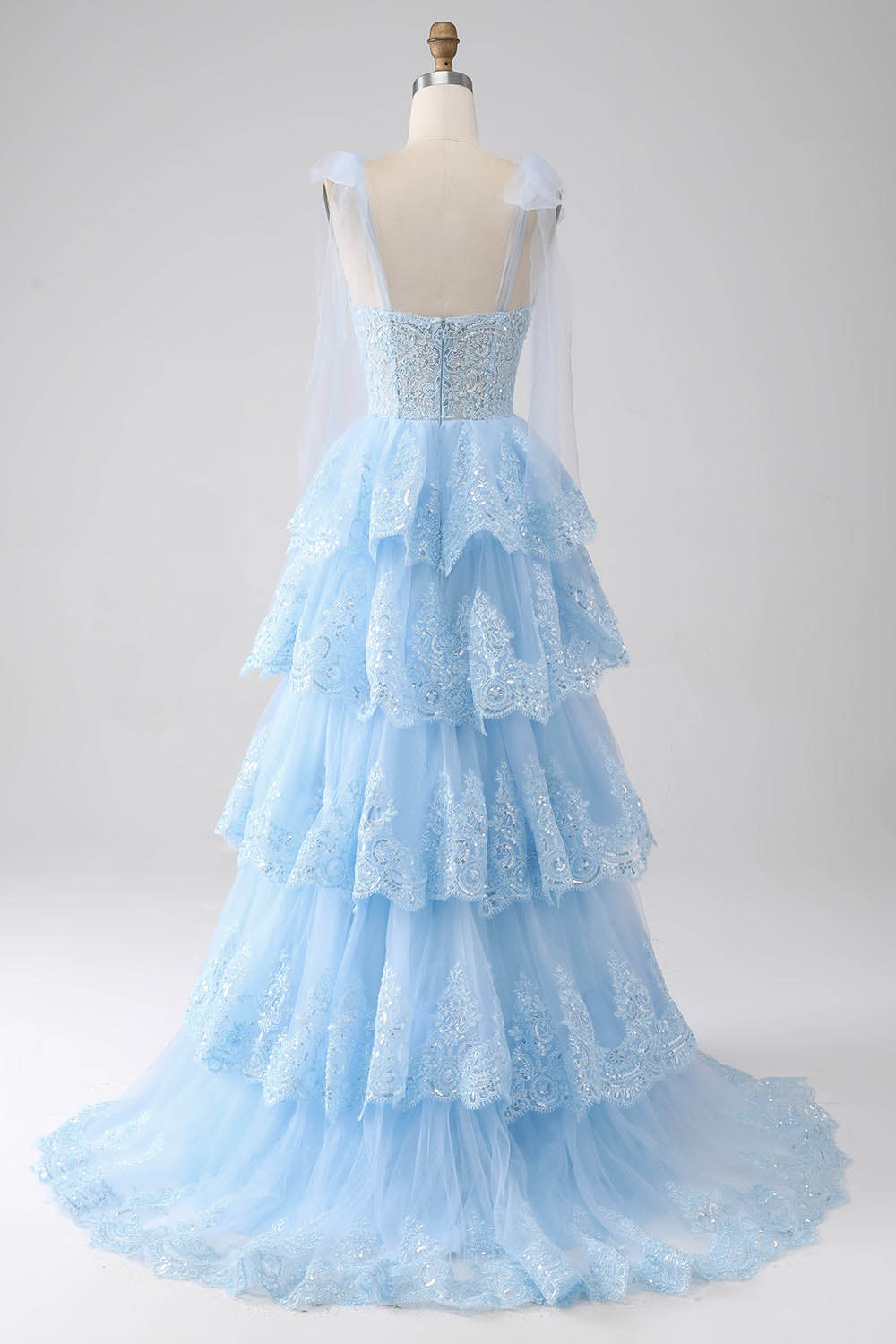 Sequins Lace Prom Dress V Neck Bow Straps Layered Tulle Party Dress