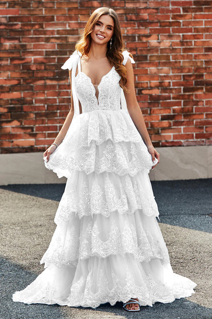White A-Line Lace Tiered Long Wedding Dress with Ruffles