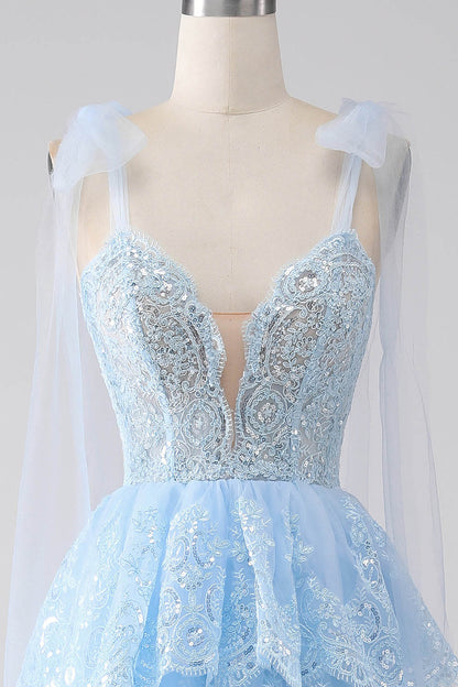 Sequins Lace Prom Dress V Neck Bow Straps Layered Tulle Party Dress