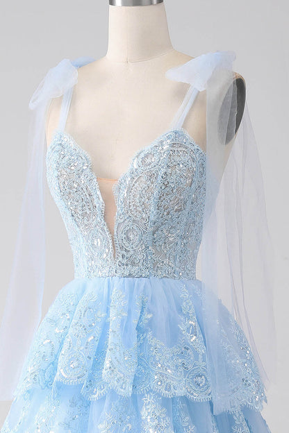 Sequins Lace Prom Dress V Neck Bow Straps Layered Tulle Party Dress