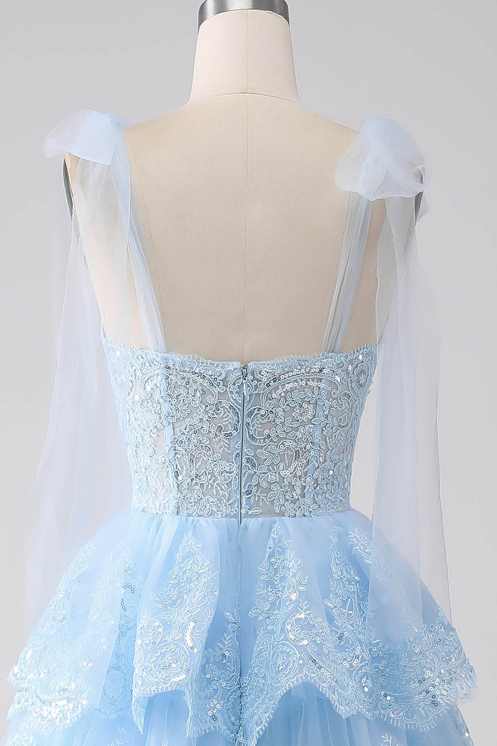 Sequins Lace Prom Dress V Neck Bow Straps Layered Tulle Party Dress