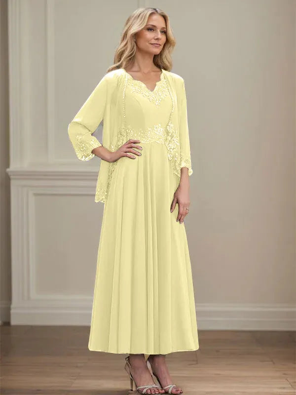 A-line V-Neck Ankle-Length Chiffon Mother of the Bride Dress