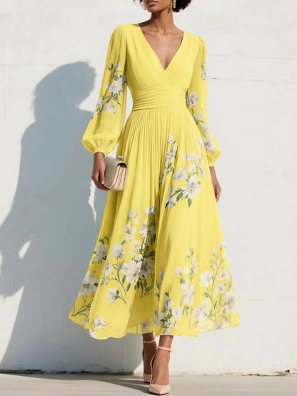 V-Neck Print-Chiffon Pleated Tea-Length Mother of the Bride Dress