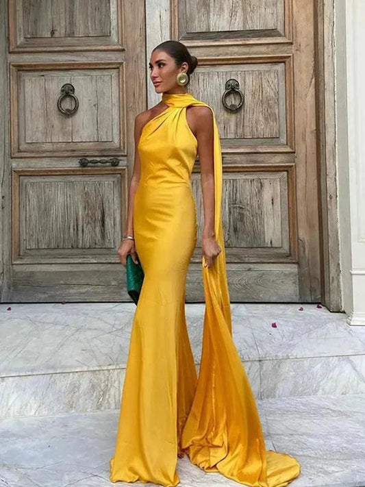 Yellow Elastic Satin Halter Shawl Mermaid Formal Dress