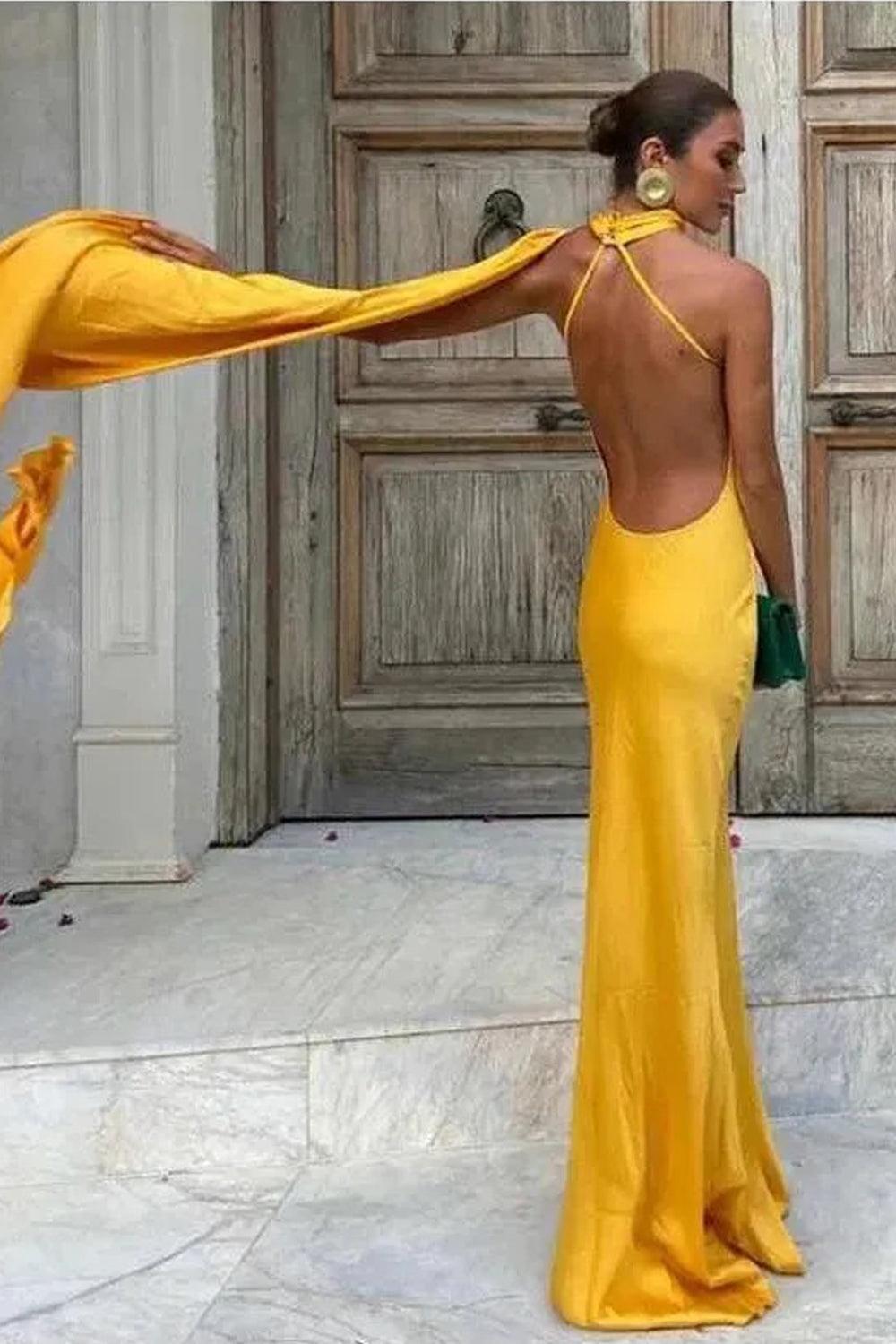 Yellow Elastic Satin Halter Shawl Mermaid Formal Dress