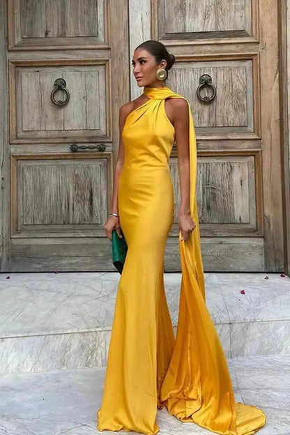 Yellow Elastic Satin Halter Shawl Mermaid Formal Dress