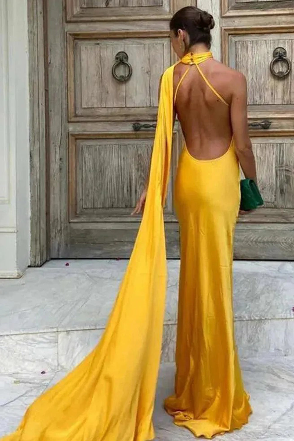 Yellow Elastic Satin Halter Shawl Mermaid Formal Dress