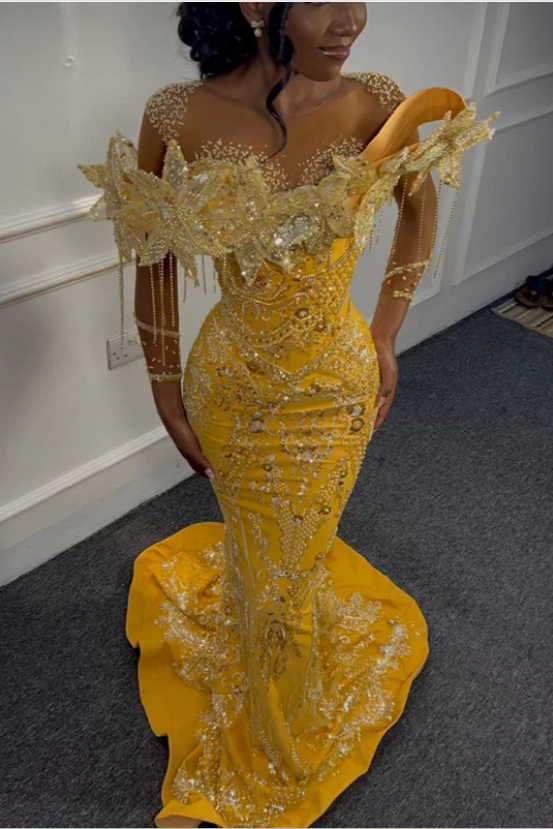 Yellow Flowers Sparkle Beaded Mermaid Court Train Prom Dress