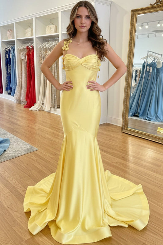 Sweetheart Spaghetti Straps Sleeveless 3D-Florals Satin Mermaid Prom Dress