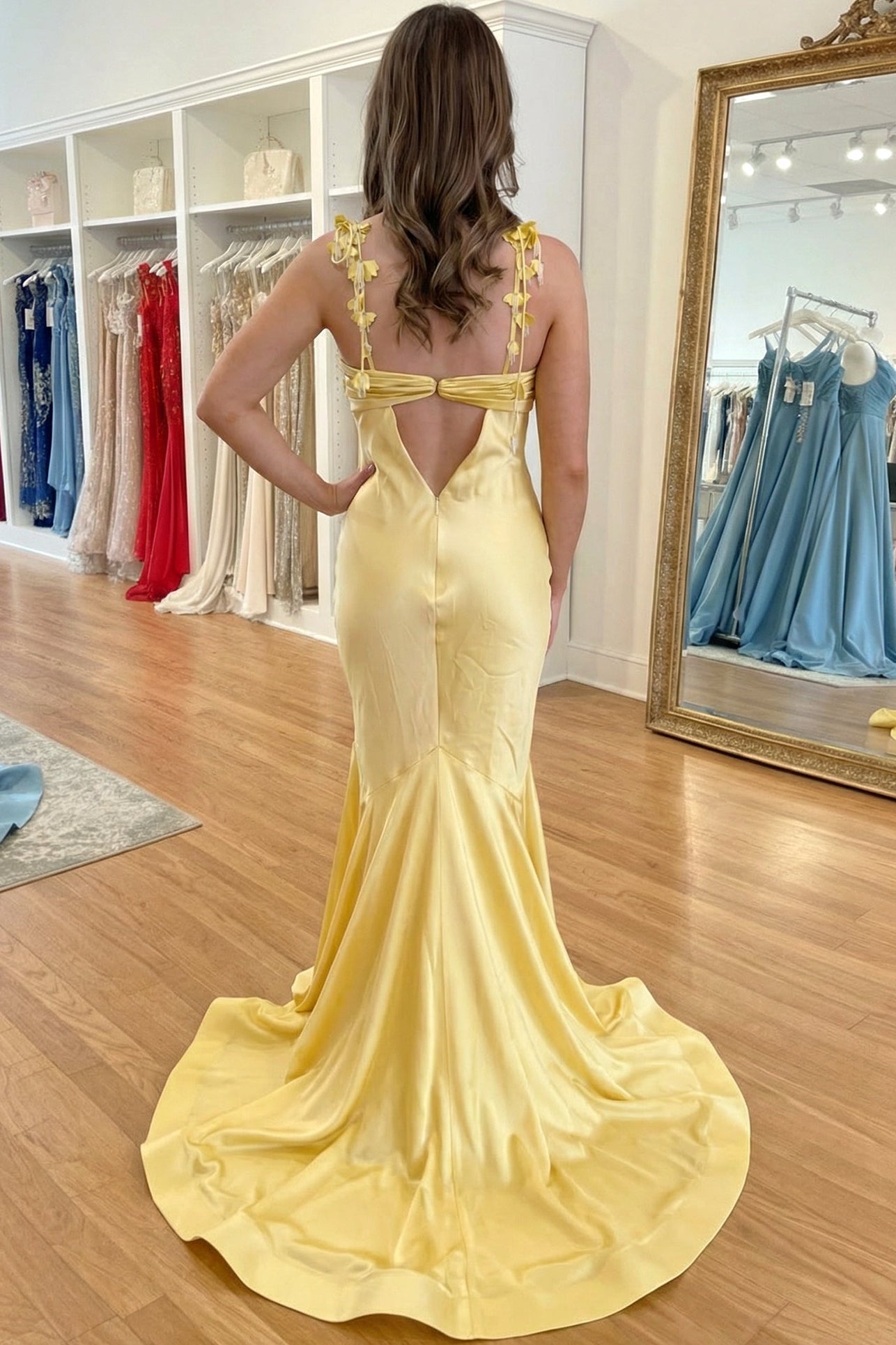 Sweetheart Spaghetti Straps Sleeveless 3D-Florals Satin Mermaid Prom Dress