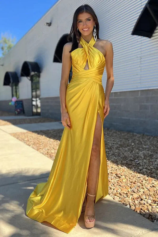 Yellow Satin Ruched Sheath Halter Prom Dresses With Slit