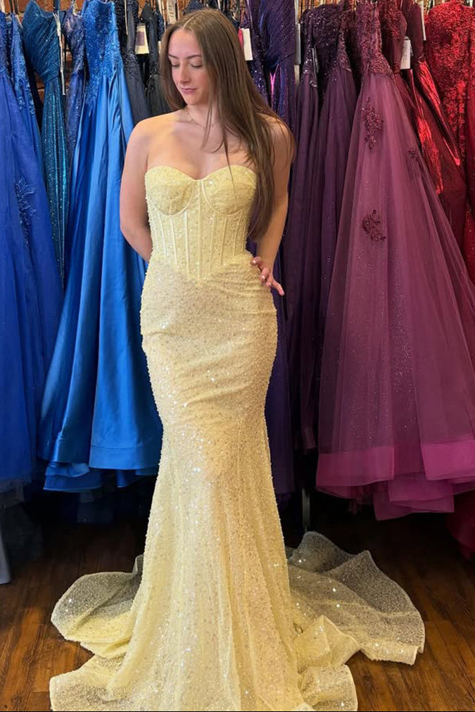Yellow Sequin Strapless Sweetheart Mermaid Corset Prom Dress