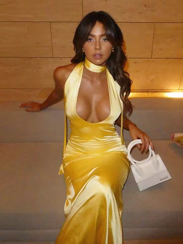 Yellow Silk Satin Halter Backless Mermaid Evening Dresses With Scarf