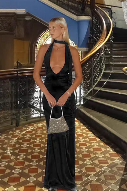 Yellow Silk Satin Halter Backless Mermaid Evening Dresses With Scarf