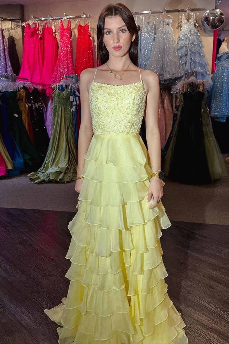 Yellow Splendor Beaded Tiered Ruffle Long Prom Dress