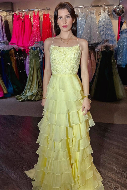 Yellow Splendor Beaded Tiered Ruffle Long Prom Dress