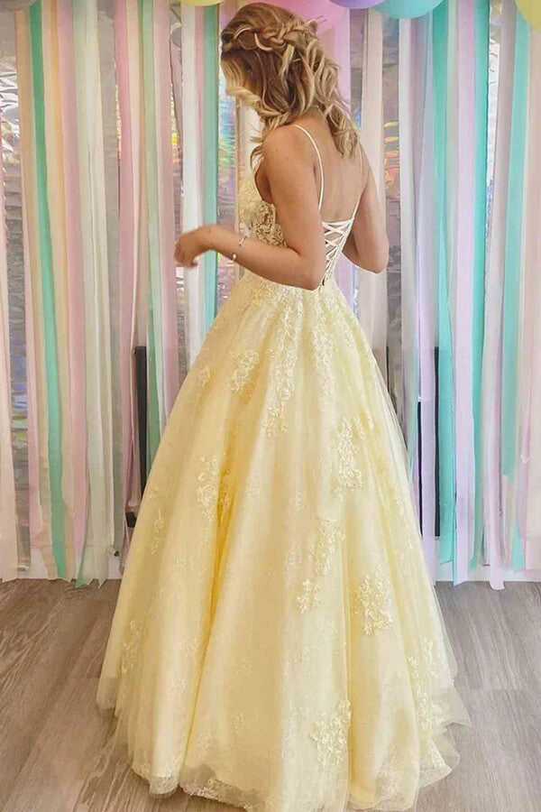 Yellow Tulle A-line V-neck Lace Appliques Prom Dress