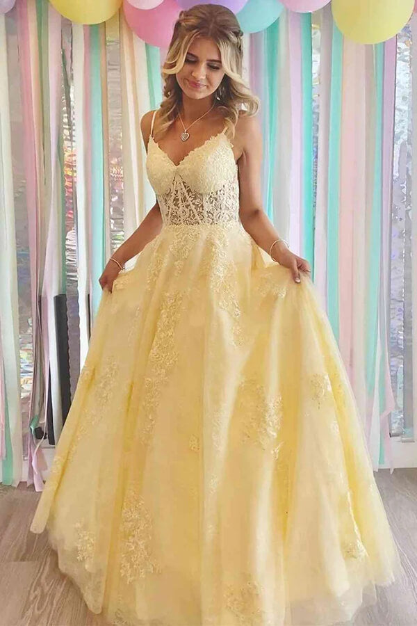 Yellow Tulle A-line V-neck Lace Appliques Prom Dress